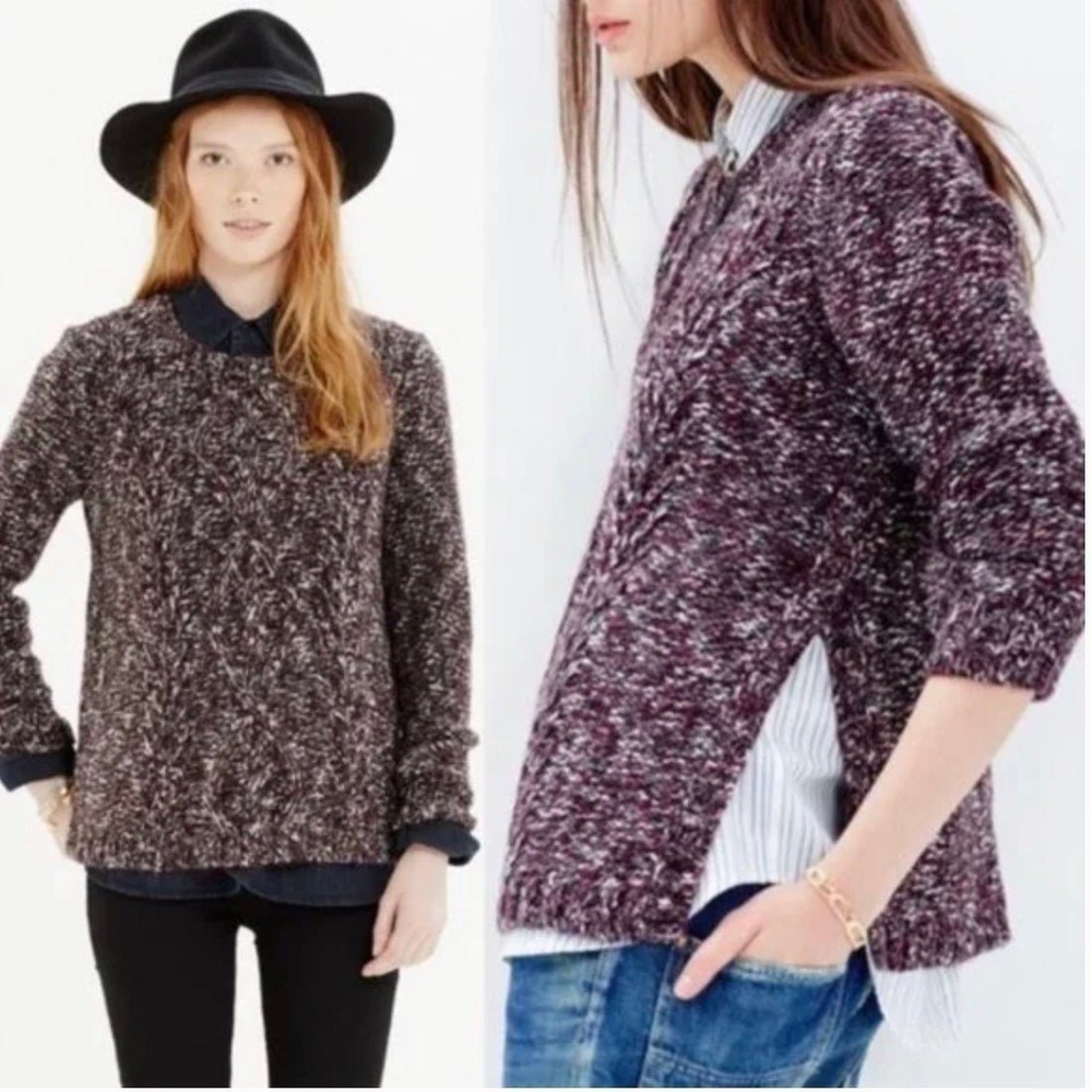 Madewell Burgundy Marled‎ Cable Knit Sweater High Side Slit Crew Neck XS
